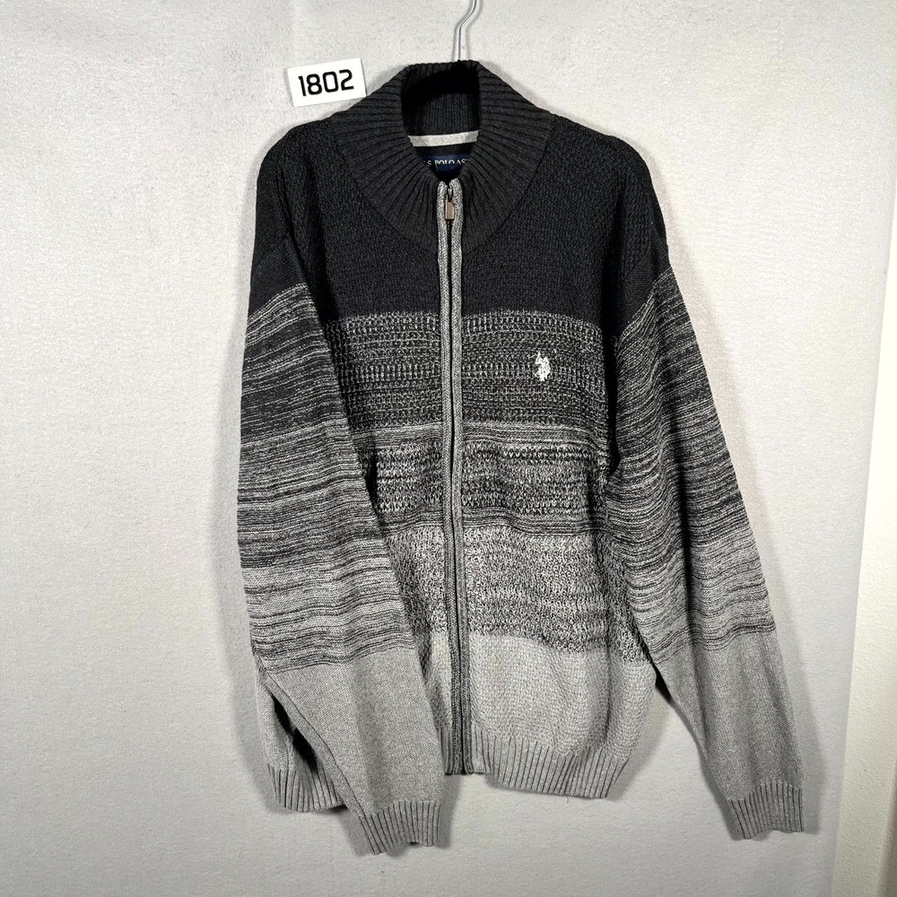 US Polo Assn. Ombre Cardigan Sweater Mens XL Gray Full Zip Cotton Mock Neck